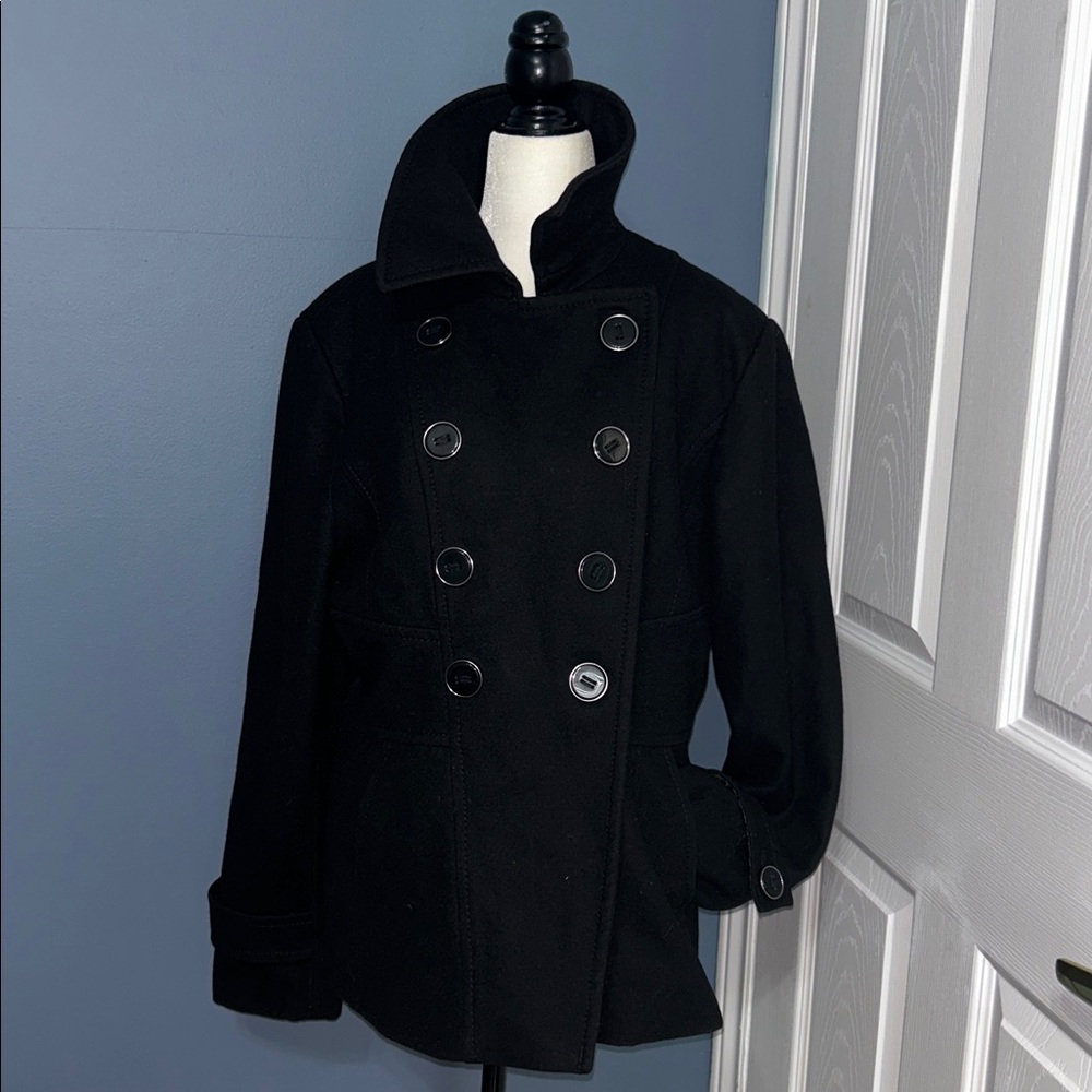 Kenneth Cole New York 
Black Pea Coat with elegant purple lining 
Size 14